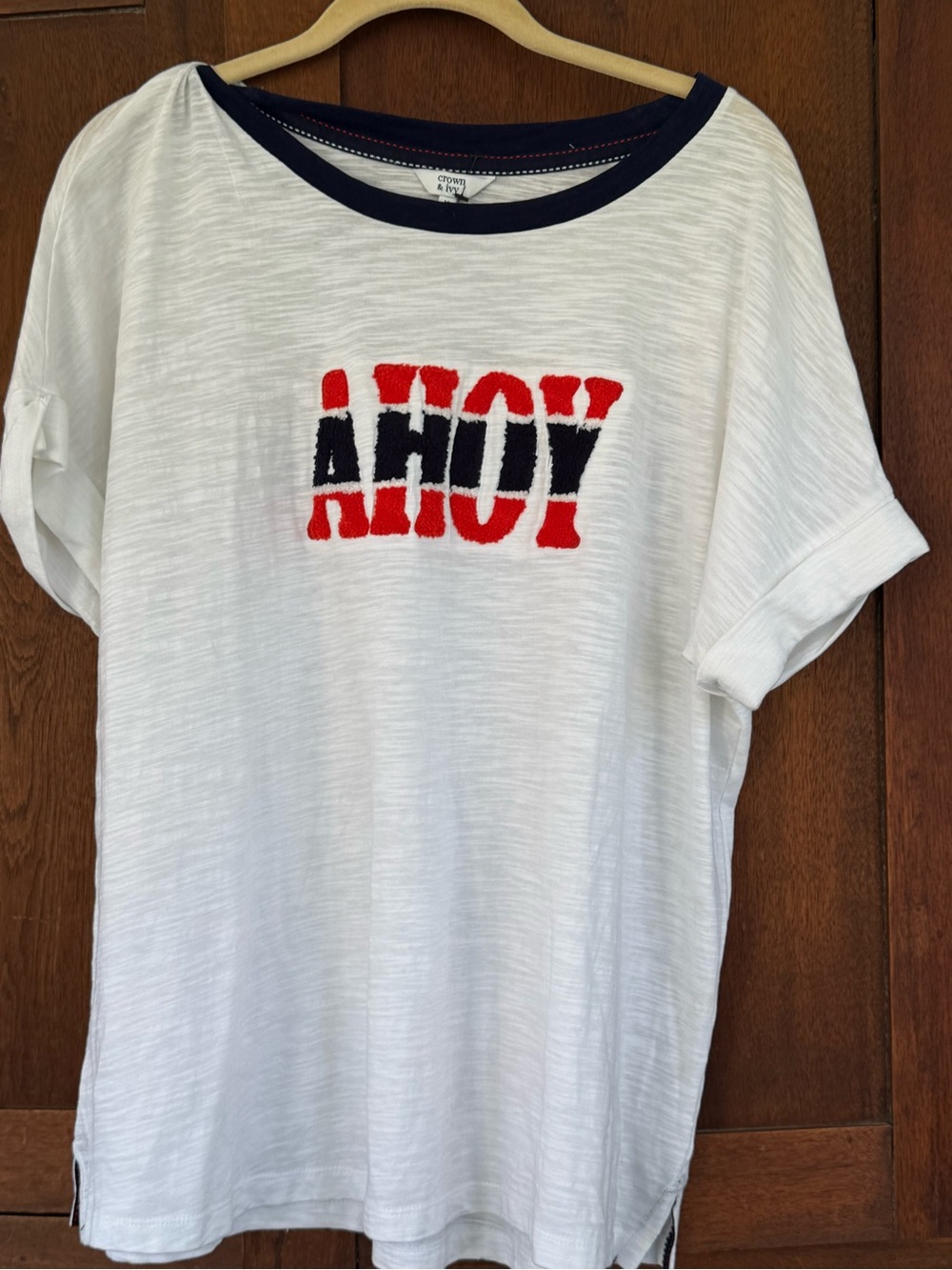 AHOY White Graphic Women’s Tee with Navy Trim